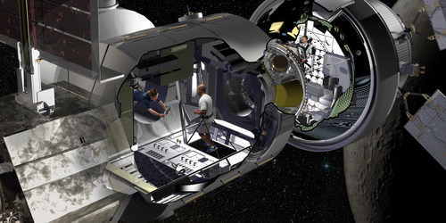 Lockheed Martin artist rendering of the NextSTEP habitat docked with Orion in cislunar orbit as part of a concept for the Deep Space Gateway. Orion will serve as the habitat’s command deck in early missions, providing critical communications, life support and navigation to guide long-duration missions.
