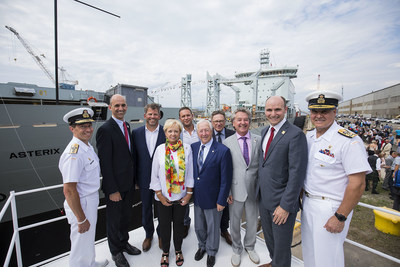 Surrounding the Lieutenant Governor of Qubec J. Michel Doyon and his wife and sponsor of the Asterix, Pauline Thberge, Rear-Admiral Gilles Couturier, Deputy Commander of the Royal Canadian Navyl, member of parliament Steven Blaney, Spencer Fraser, CEO of Federal Fleet Services, Alex Vicefield, chairman of Davie, Gilles Lehouillier, mayor of Lvis, member of parliament Jean Rioux,  minister Jean-Yves Duclos and Vice-Admiral Ron Lloyd, Commander of the Royal Canadian Navy. (CNW Group/Davie Shipbuilding)