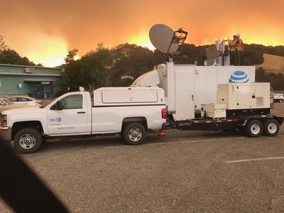 AT&T's mobile truck-mounted cell site, or SatCOLT, at the Mariposa County Fairgrounds Detwiler Fire command site