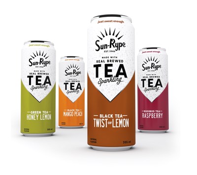 The new Sparkling Tea lineup from SunRype features four flavours in sleek 355ml cans (CNW Group/Sun-Rype Products Ltd.)