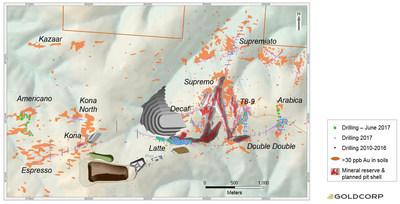 Figure 6: Coffee Deposit scale drilling location map and planned future mine infrastructure. Drill collars highlighting drilling completed for Latte infill and Supremo, Arabica, and Supremiato in Q2. (CNW Group/Goldcorp Inc.)