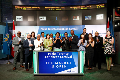 Mark Itwaru, CEO, Peeks Social Ltd. (PEEK) and Denise Herrera-Jackson, CEO, Peeks Toronto Caribbean Carnival joined Steven Mills, Regional Head, TSX Company Services, TMX Group to open the market to celebrate the 50th anniversary of the summer festival. Taking place from July 7 to August 7, the Peeks Toronto Caribbean Carnival is five weeks of Caribbean music, cuisine, and revelry. The 2017 festival’s theme “Celebrating Our Heritage: From Then to Now” will feature an all-out spectacle of visual and performing arts. (CNW Group/TMX Group Limited)