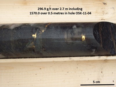 Exhibit C.  A photo of Goldboro core showing visible gold from an historic hole drilled outside of the current resource model, illustrating the presence of high-grade gold along strike from East Goldbrook. (CNW Group/Anaconda Mining Inc.)