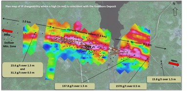 Exhibit D.A map showing the presence of a geophysical (IP Chargeability) anomaly centered over the current resource model and its extension both east and west to the limits of the survey, indicating high prospectivity along strike. (CNW Group/Anaconda Mining Inc.)