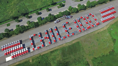 A “Chile 100” formation of the Magirus firefighting vehicles destined for use in Chile at the brand’s headquarters in Ulm, Germany