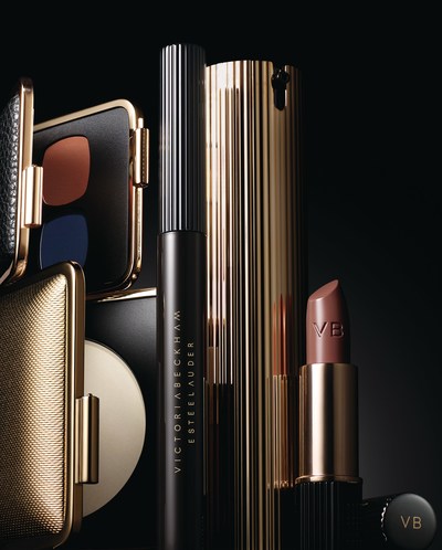 The new limited edition Victoria Beckham Estée Lauder makeup collection will be available beginning September 2017 at select retailers globally. Products in image from left: Skin Perfecting Powder, Eye Matte Duo in Saphir/Orange Vif, Eye Ink Mascara in Blackest, Morning Aura Illuminating Creme, Matte Lipstick in Victoria. Photo credit: Kanji Ishii.