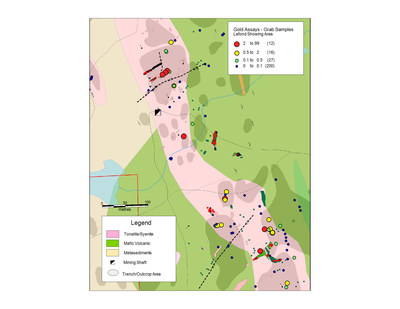 Figure 2. Lafond Shaft area showing Sample Locations and Values (CNW Group/Transition Metals Corp.)