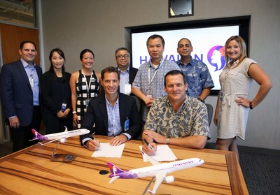 John Holmes, President and Chief Operating Officer of AAR (seated left) and Jim Landers Vice President Maintenance and Engineering Hawaiian Airlines (seated right) at signing of component support agreement.