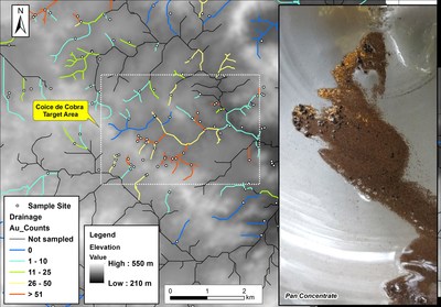 Figure 1: Stream anomalies with drainage coloured by gold counts, with digital elevation model in the background. Boxed area prioritized for infill soil and mapping illustrated in more detail in Figure 2. (CNW Group/Meridian Mining S.E.)