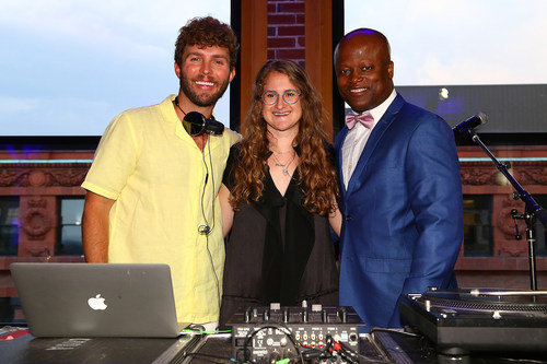 From left to right: New York-based fashion designer, DJ and juror Timo Weiland, winning designer Audra Noyes and Noyes' design partner Grandmaster Maurice Ashley photographed at the Pinned! Designer Chess Challenge Unveiling at the 2017 Sinquefield Cup Opening Ceremony on Tuesday, Aug. 1, 2017 in St. Louis, Mo. (Dilip Vishwanat/AP Images for World Chess Hall of Fame)