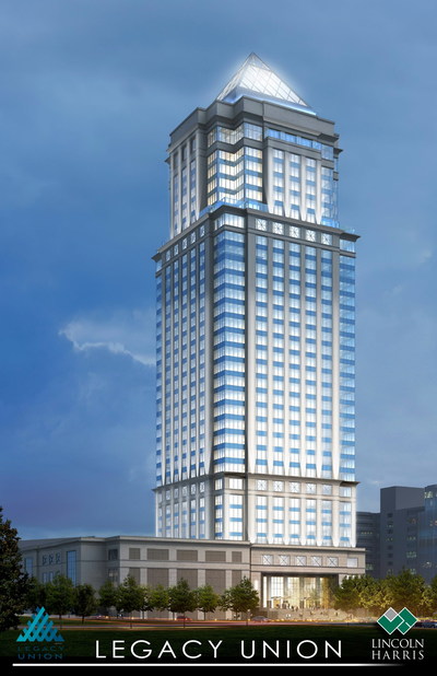 The first phase of the Legacy Union project in Charlotte, N.C., is under construction now and includes this 33-story office tower of stone and glass to evoke tradition and modernity. The 640-foot-high tower will be topped by a 100-foot glass and steel pyramid. Bank of America is the anchor tenant and will occupy approximately 550,000 square feet, leaving an estimated 300,000 square feet available for lease. In addition to the tower, Legacy Union will feature a mix of uses and ample open space.