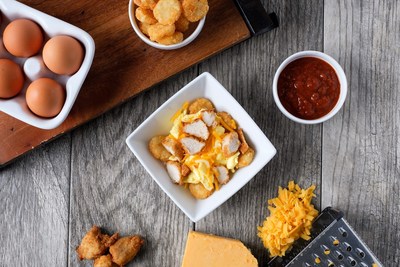 The Hash Brown Scramble features Chick-fil-A Nuggets (or sausage), crispy Hash Browns, scrambled eggs and a Monterey Jack and cheddar cheese blend. It is served with Jalapeno Salsa.