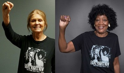 Gloria Steinem and Dorothy Pitman Hughes wear #EqualRightsNow t-shirts in support of the ERA Coalition's efforts to pass and ratify the Equal Rights Amendment.