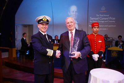 On board Cunard's flagship Queen Mary 2, Captain Stephen Howarth congratulates former Prime Minister, The Right Honourable Paul Martin, on receiving the Third Annual Samuel Cunard Prize for Vision, Courage and Creativity.