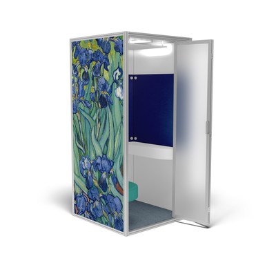 Cubicall van Gogh Irises features Vincent van Gogh’s famous painting, Irises, printed on the outside wall, with matching blue acoustic panels, soft marine teal vinyl leather, and blue steel carpet. Irises digital image courtesy of the Getty’s Open Content Program. The Cubicall One comfortably fits two persons inside. With a footprint less than 42” x 42” and standing under 8 feet high, the bi-folding door helps Cubicall fit in smaller offices where every inch of space is critical.