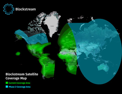 Phase 1 and Phase 2 coverage areas for Blockstream Satellite