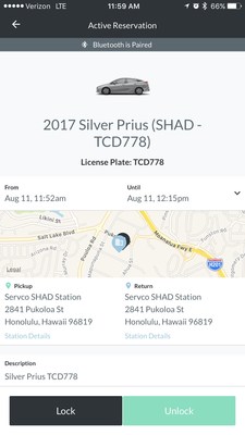 Toyota and Servco Pacific Inc. have partnered to test a new car-sharing technology in Honolulu, Hawaii. An example of the pilot test program’s mobile application screen is shown here.