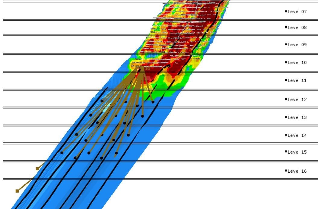Figure #3 - This figure shows the planned drilling configuration for targeting the down-plunge extensions of Orebody A at Turmalina and the current GT contours. (CNW Group/Jaguar Mining Inc.)