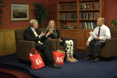 Kirk Saville, executive director, BJ’s Charitable Foundation (left), surprises Rebecca Levesque, teacher at Suzanne M Smith Elementary School (center) with Wayne Harvey, anchor on WABI TV5 in Bangor, Maine on Wednesday, August 16, 2017 with the announcement that BJ’s Wholesale Club has donated $100,000 to help fund classroom projects in Maine through DonorsChoose.org.