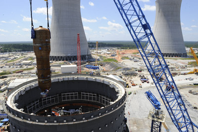 A 1.4 million-pound steam generator placed for Plant Vogtle Unit 3 in Georgia. Steam generators, measuring nearly 80 feet long, are heat exchangers used to convert water into steam using the heat produced in a nuclear reactor core.