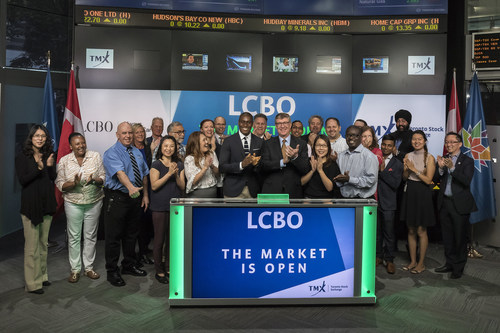 George Soleas, President & CEO, LCBO, joined John Lee, Vice President, Innovation & Enterprise Delivery, TMX Group to open the market. In 2016, through the generosity and dedication of LCBO customers and employees, a record $13.3 M was raised for various causes in Ontario. Also joining them to mark this milestone are LCBO employees and representatives from SickKids Foundation, MADD Canada, the United Way, OPSEU and LBED. (CNW Group/TMX Group Limited)