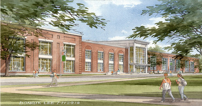 Rendering of new recreation and athletics center from Babson College Drive.