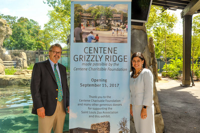 The Saint Louis Zoo announced a leadership gift from Centene Charitable Foundation to name Centene Grizzly Ridge, opening on September 15, 2017. Pictured are Jeffrey P. Bonner, Ph.D., Dana Brown President and CEO of the Saint Louis Zoo and Marcela Manjarrez-Hawn, Senior Vice President and Chief Communications Officer for Centene. (Photo credit: David Merritt/Saint Louis Zoo)