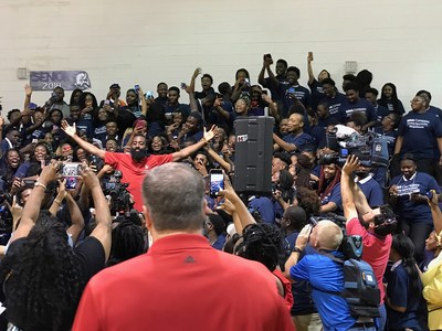 Houston Rockets star James Harden climbed into the stands in the gym at Parker High School in Birmingham, Ala., after it was announced at the school that the team will play a preseason game in Birmingham in 2018. The game is being presented by BBVA Compass.