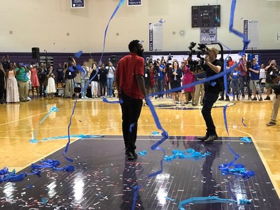 Houston Rockets star James Harden enters the gym at Parker High School in Birmingham, Ala., after it was announced at the school that the team will play a preseason game in Birmingham in 2018. The game is being presented by BBVA Compass.