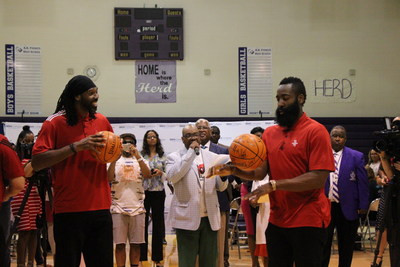 Houston Rockets players Nenê, left, and James Harden inside the gym at Parker High School in Birmingham, Ala., after it was announced at the school that the team will play a preseason game in Birmingham in 2018. The game is being presented by BBVA Compass.