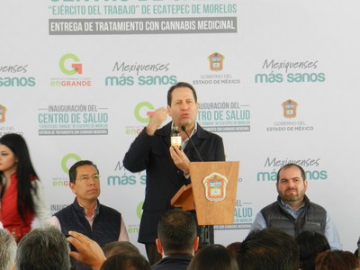 State of Mexico's governor Eruviel Avila holds RSHO-X CBD Hemp Oil at inauguration of new clinic in Ecatepec, where he announced that the states government purchased the product to treat citizens suffering from various indications