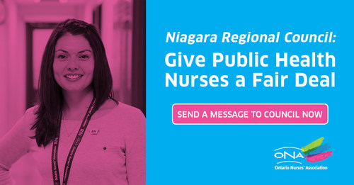 Niagara Public Health nurses are asking Regional Council for a respectful contract showing that their work is as valuable as the work of male-dominated professions in the region. (CNW Group/Ontario Nurses' Association)