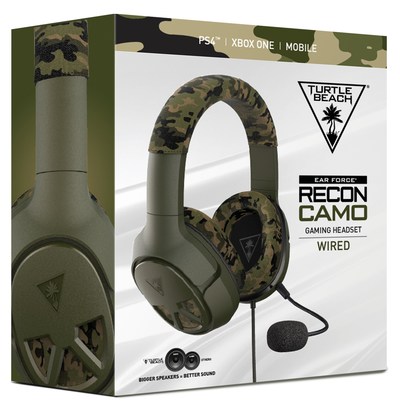 The Turtle Beach Recon Camo multiplatform gaming headset delivers unbeatable game and chat audio through large 50mm over-ear speakers with a WWII era camouflage and military green design to match gamers’ passion.