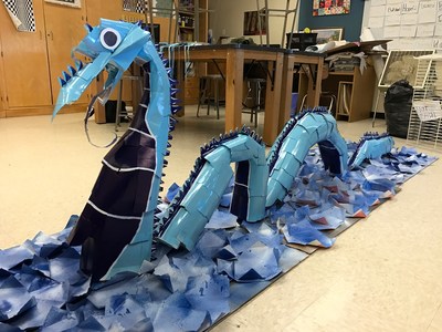 The 2016 Made by Milk Contest Grand Prize Winner: A SLURPIT serpent carton creation made by Paulsboro High School students in Paulsboro, New Jersey. Last year's contest theme was 'Inventions'; a SLURPIT is a water-cleaning biofilter invention used to absorb and digest oil and pesticides in waterways. The SLURPIT serpent was made from 274 repurposed milk cartons.