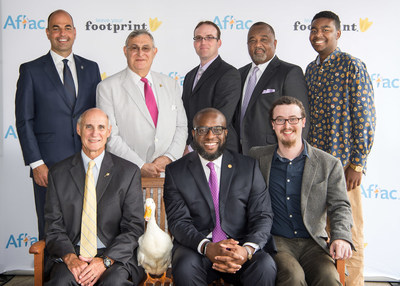 Back row: John Singerling, Palmetto Health; Sam Tenenbaum, Palmetto Health Foundation; Dr. Stuart Cramer, Palmetto Health; Virgil Miller, Aflac Group Insurance; and R'Quan Tyler, patient; front row: honorees Julian Ruffin, Ph.D., Craig King and Garrett Owen (representing Curing Kids Cancer) pose with the Aflac Duck at Palmetto Health Children's Hospital in Columbia, S.C. on Thursday, Aug. 24, for the 2017 Duckprints Awards honoring heroes making an impact in the lives of children with cancer.