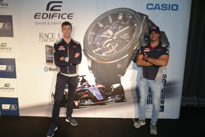 Scuderia Toro Rosso Formula One drivers Carlos Sainz and Daniil Kvyat launch the new EDIFICE Scuderia Toro Rosso Limited Edition EQB-800TR watch at the Belgian Grand Prix