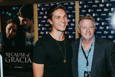 Actor Chris Massoglia poses for a photo with radio host Dennis Banka of 104.1 “The Ranch” upon discussing the making of Because of Grácia. (Courtesy Jacqueline Justice)