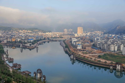Waterwheels on the bank of Wuyang River, Shibing, Guizhou. Shibing is building a town of Waterwheels.