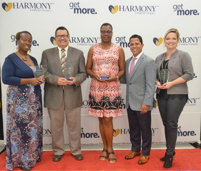 Harmony Health Plan presented its Southern Illinois CommUnity Hero awards. Pictured, left to right, Reona Wise of Lessie Bates Davis Neighborhood House, Keith Fletcher of Johnston City Free Will Baptist Church, Elizabeth Patton-Whiteside of East Side Health District, Miguel Torres with Harmony, and Sherrie L. (Smith) Crabb of
Family Counseling Center, Inc.