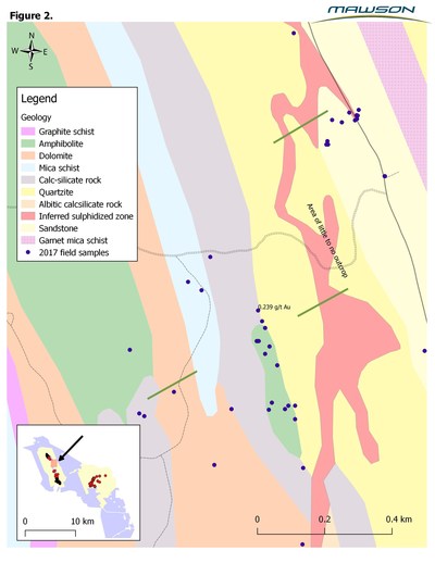 Figure 2: Geological interpretive map from field mapping showing a target horizon extending for 2.5 kilometres.  Green lines show RC drill traverses.  Inset map shows yellow granted permit areas with Rompas to the west (left) and Rajapalot to the right (east), with mapped area shown by orange box. (CNW Group/Mawson Resources Ltd.)
