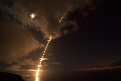 A medium-range ballistic missile target is launched from the Pacific Missile Range Facility on Kauai, Hawaii, during Flight Test Standard Missile-27 Event 2 (FTM-27 E2) on Aug. 29 (HST). The target was successfully intercepted by SM-6 missiles fired from the Aegis Combat System onboard the USS John Paul Jones (DDG 53). Photo credit: Photo by Latonja Martin, Missile Defense Agency