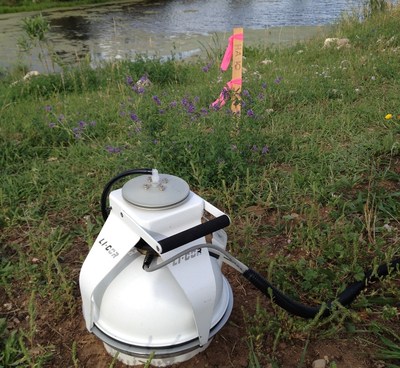 A Carbon dioxide flux chamber collecting natural source zone depletion data at a remediation site. NSZD technology can optimize site remedies and reduce costs.
