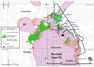 Figure 1: Plan View Map of Bermejal Area Showing Geology, Drill Holes Reported and Outline of Bermejal Underground Resource at 1,175 m elevation (CNW Group/Leagold Mining Corporation)