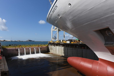Seabourn celebrated a milestone in the construction of the new Seabourn Ovation, with the ship touching water for the first time today at the Fincantieri shipyard in Sestri, Italy