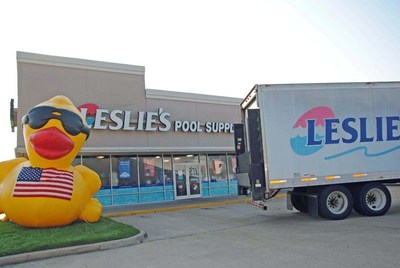 Leslie's Pool Supplies truck delivers cases of water to Leslie's Houston stores for Hurricane Harvey relief efforts.