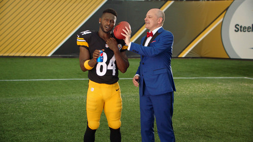 Pittsburgh Steelers Wide Receiver Antonio Brown and actor Rob Corddry celebrate the beginning of the 2017 NFL season in the new Pepsi NFL campaign, 