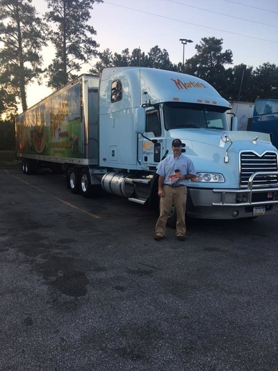 Dustin Martin, transportation manager (shown here) and Brian Ramer, director of MFPS Transport pulled out of Potato Roll Lane in Chambersburg with 18,000 packs of bread and rolls at 7:00 a.m. on Sunday morning, September 3, after a group of Martin's employees gathered to pray for Houston.