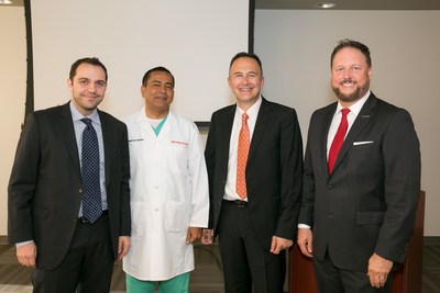 Giuliani Scarcelli along with USC Roski Eye Institute's director and dean of the Keck School of Medicine of USC, Dr. Rohit Varma, and USC Roski Eye Institute's Farha Hafezi, J. Bradley Randleman celebrate their breakthrough research on corneal cross-linking (CXL) and LASIK flap creation