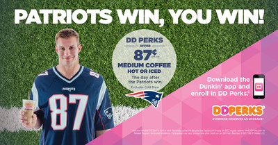 After each New England Patriots win during the regular season, Dunkin' Donuts DD Perks® Members will receive an 87 cent Medium Hot or Iced Coffee in honor of #87 Rob Gronkowski
