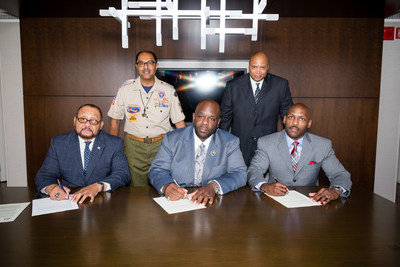 Shown in photo (left to right) SEATED: Arthur R. Thomas, Esq., 31st International President Phi Beta Sigma Fraternity, Inc.; Jonathan A. Mason, Sr., 34th International President Phi Beta Sigma Fraternity, Inc.; Lee Shaw,
Jr., Director of National Alliances, Boy Scouts of America;  STANDING (left to right): William B. Covington, Assistant Council Commissioner, Northeast Illinois Council Boy Scouts of America and Keith Walton, Associate National Director Boy Scouts of America